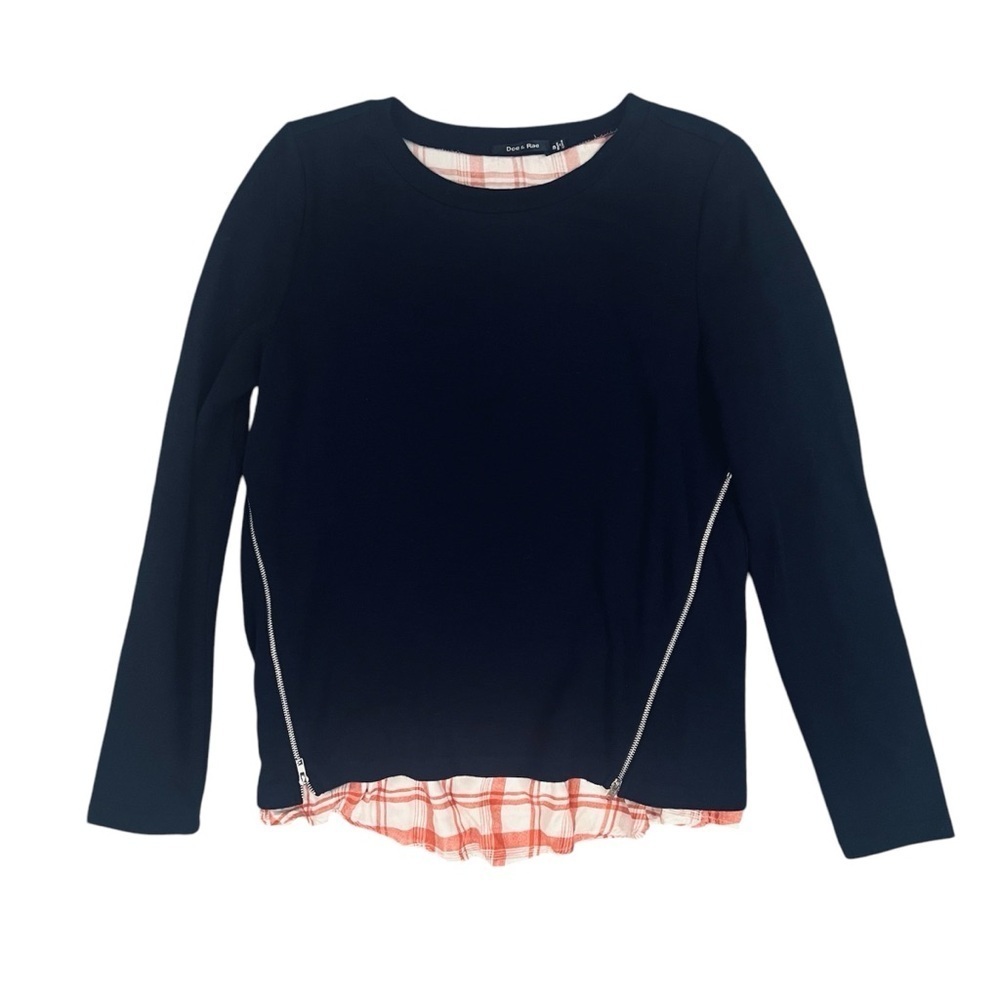 Doe and Rae Navy long sleeve sweater w/ side zippers and red plaid underlay